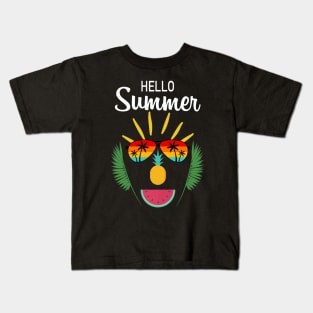 Hello Summer Funny face  with sunglasses, pineapple, watermelon  enjoy summertime on a beach vacation Kids T-Shirt